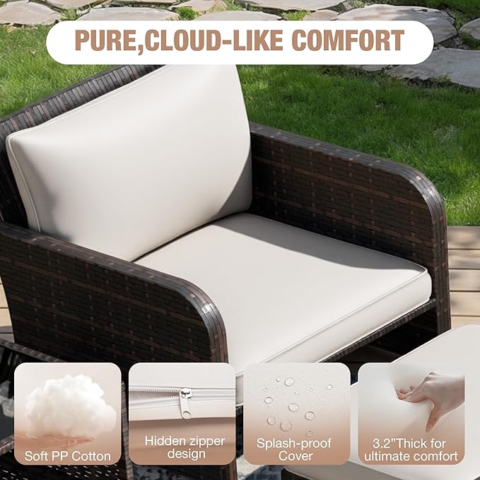 LEVELEVE Patio Conversation Set 5 Piece, Balcony Furniture Outdoor PE Rattan Wicker Lounge Chairs with Soft Cushions, 2 Ottomans & Glass Table for Porch Lawn, Brown (Beige Cushions