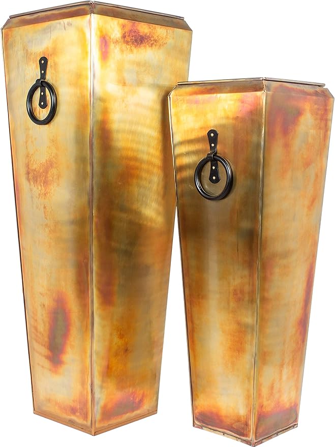 H Potter Tall Copper Planters Set of 2 – Rustic Copper Hammered Stainless Steel Indoor Outdoor Planter with Insert & Drainage – Large Decorative Floor Planters for Entryway Porch Patio