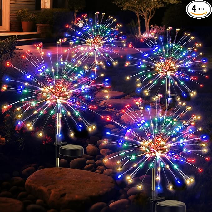 Solar Sparkles Landscape Light Garden Fairy Colorful Light Outside Solar Fireworks Lights Outdoor Waterproof 120 LED Decorative Nightlight Outdoor for Yard Patio Pathway Lawn Party Decor, 4 Pack