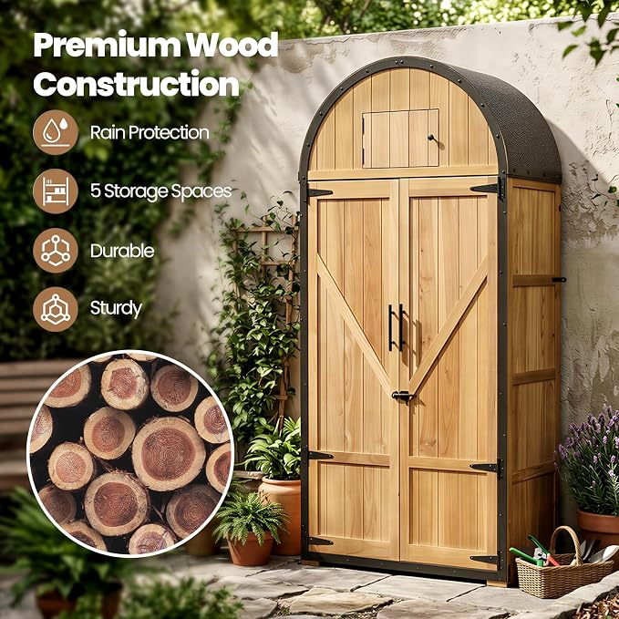 NORTHSKY All-in-One Outdoor Storage Shed, Waterproof Tool Garden Cabinet w/Domed Roof, Lockable Multi-Functional Organizer for Patio Lawn Backyard, 5 Storage Spaces & Double Doors - Solid Wood - Image 2