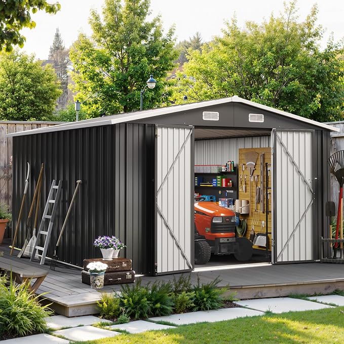 10x12FT Outdoor Storage Shed, Metal Garden Tool Shed with Sloping Roof & Lockable Door for Patio Lawn Backyard (Black, 10x12FT) - Image 2