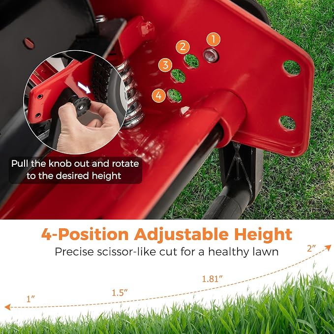 16" Manual Rear Mower, Push Lawn Mower with 5 Steel Blades, Adjustable Cutting Heights & Grass Catcher Bag, Walk-Behind Grass Cutter Lawn Sweeper for Garden, Park & Yard (Red) - Image 4