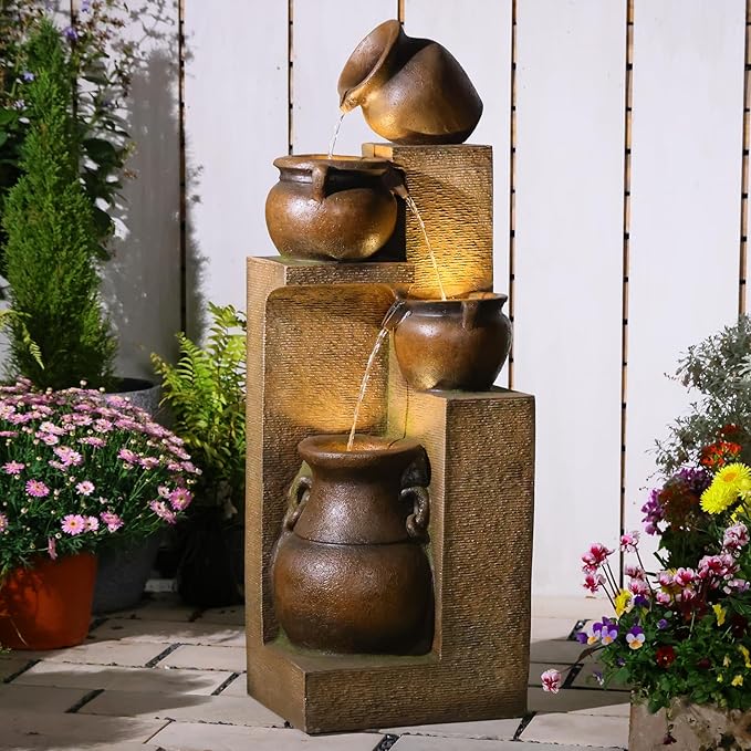 Water Fountain Outdoor Fountain with Lights - 53 Inches 4 Tiered Floor Standing Outdoor Water Fountains and Waterfalls for Garden, Patio, Backyard, Porch Home Art Decor