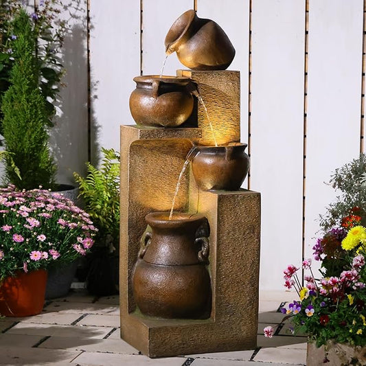 Water Fountain Outdoor Fountain with Lights - 53 Inches 4 Tiered Floor Standing Outdoor Water Fountains and Waterfalls for Garden, Patio, Backyard, Porch Home Art Decor