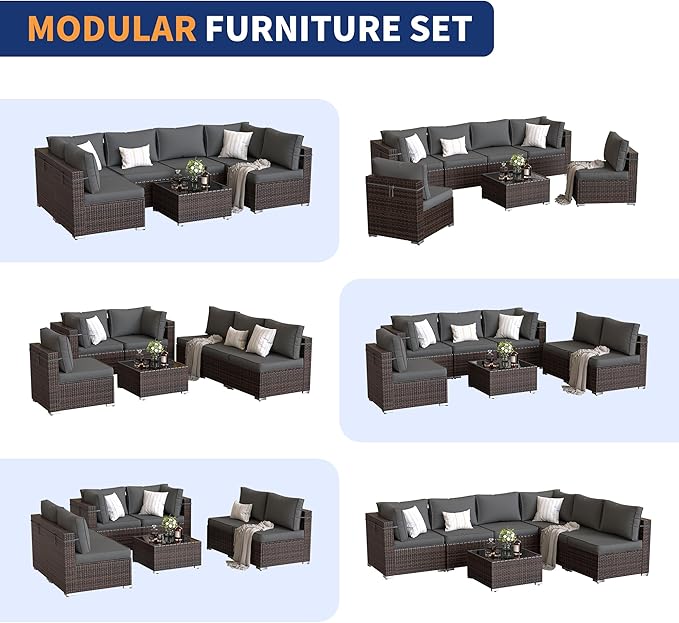 Patio Furniture Set, 7 Pieces Outdoor Sectional Sofa, PE Wicker Backyard Conversation Set with Waterproof Cover & Coffee Table, Modular Outdoor Couch for Garden, Poolside (Brown/Grey Cushions)