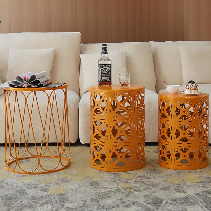 Y&M Metal Round Table, Coffee Table End Patio Table for Indoor Outdoor Multifunctional Use, Heavy Duty Metal Plant Stand Decorative Garden Stool Set of 3 - Orange - Image 7