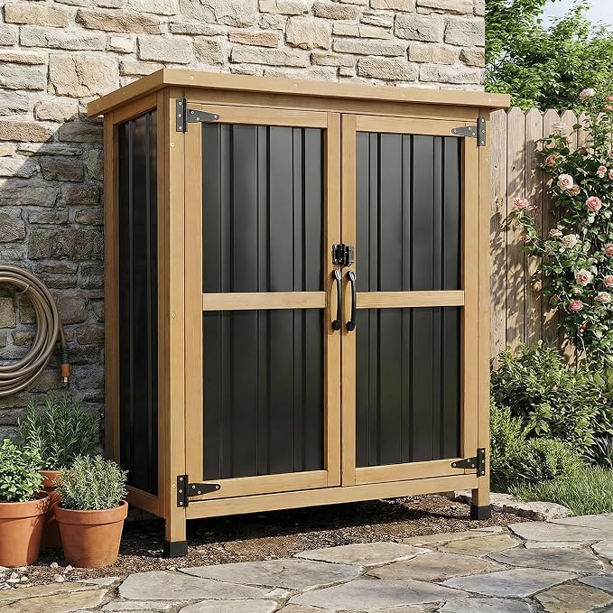 Outdoor Storage Cabinet Waterproof with Shelves, Storage Box with Lockable Doors, Wood & Metal Patio Yard Pool Garden Storage Cabinet Organizer, Gifts for Women Men by PETSCOSSET