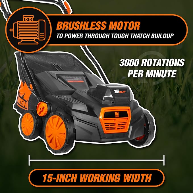 Wen 20V Max Cordless 15-Inch 2-in-1 Brushless Electric Dethatcher and Scarifier with Collection Bag, Two 4.0 Ah Batteries, and Dual-Port Charger (20716) - Image 5