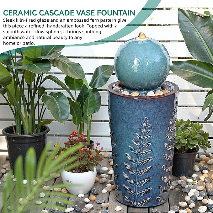 29.5" H Ceramic Sphere Water Fountain with LED Lights, Modern Nature-Inspired Design, Teal Blue Glaze with Leaf Patterns & Pebbles, Soothing Trickling Water Feature for Patio, Yard and Garden