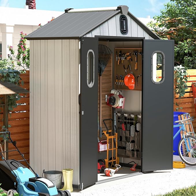 Domi 5x3 FT Outdoor Resin Storage Shed, All-Weather Double-Wall Storage Building for Backyard, Garden, Lawn Tools, Mower, Bike & Pool Equipment, Lockable Doors, Ventilated Roof, Grey by domioutdoorliving