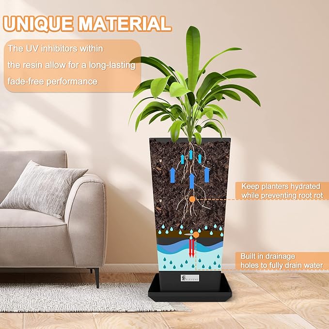 Elevens Outdoor Planter Larger Flower Pots Indoor Taper Garden V-Shape Tall Planters 27 inches Garden Pots Planter - Black（2 Packs） (A-GE01001-01)