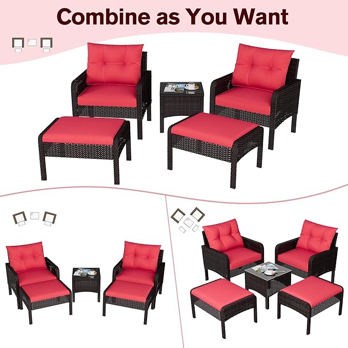 U-MAX Outdoor 5 Pieces Patio Furniture Set, PE Rattan Wicker Chairs with Ottoman and Table, Bistro Set for Front Porch, Garden, Backyard, Balcony, Brown/Red