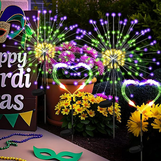 Mardi Gras Solar Lights Outdoor, 4 Pack Solar Garden Lights Outside Fairy Firework Decorative,Solar Powered for Mardi Gras,Yard Pathway Party Balcony Patio Decor (Purple, Green, Yellow)
