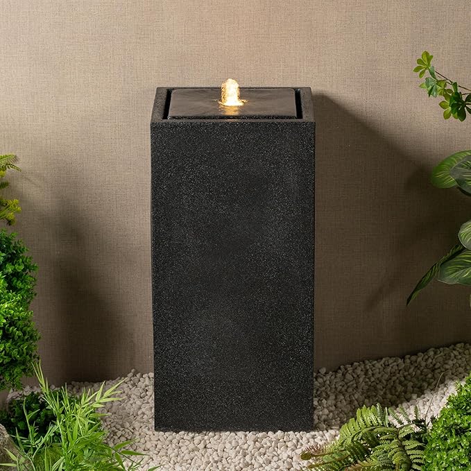 13.26” H Outdoor Water Fountain Made with Eco-Friendly Recyclable Materials, Polyethylene Square Bubbler Outdoor Fountain, Garden Decor with LED Light for Patio, Porch, Backyard (25.98”)