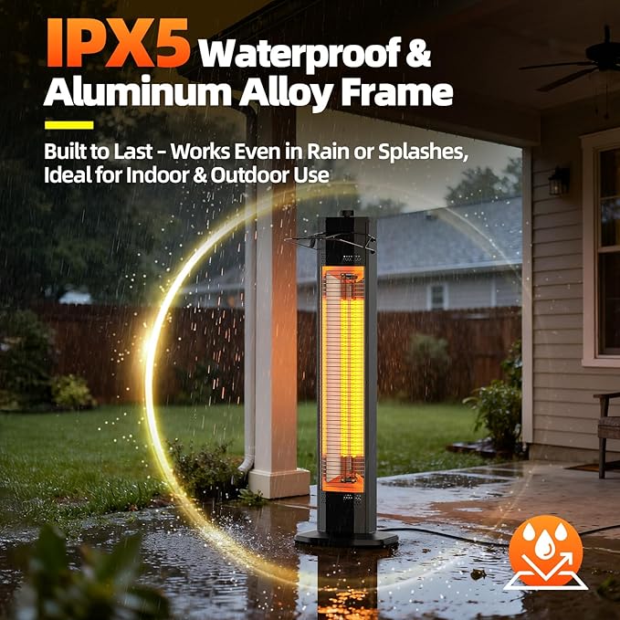 Outdoor Electric Patio Heater, Haimmy 34- inch Outdoor Electric Patio Heater, 1500W Instant Heating, 3 Heat Levels, Tip-Over & Overheat Protection, IPX5 Waterproof Portable Garage Heater Porch Indoor