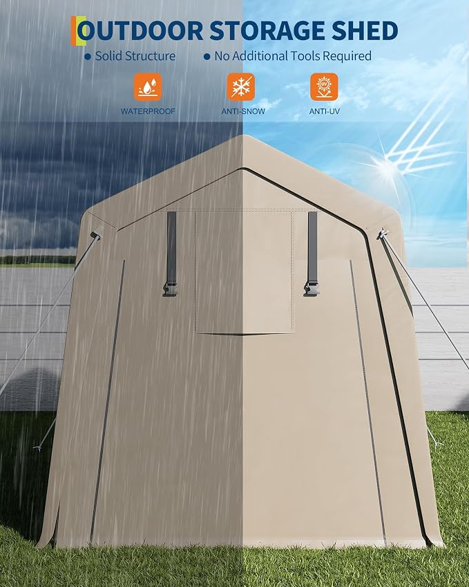 GarveeLife Portable Outdoor Storage Shed with Roll-Up Zipper Door & Vent, 240G Heavy-Duty Shelter Waterproof PE Tarp, UV-Resistant Carport for Motorcycle, Firewood, Tools (Khaki, 6'x8') - Image 5