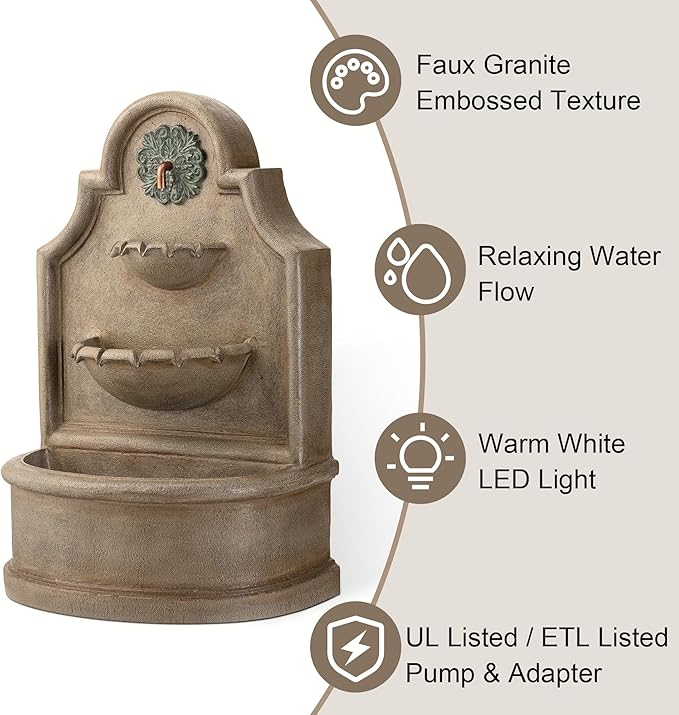 Glitzhome 37.25" H Outdoor Garden Water Fountain with LED Lights and Pump, Oversized Antique European Style 3-Tier Polyresin Cascading Floor-Standing Fountain for Porch Deck Patio Backyard Decoration