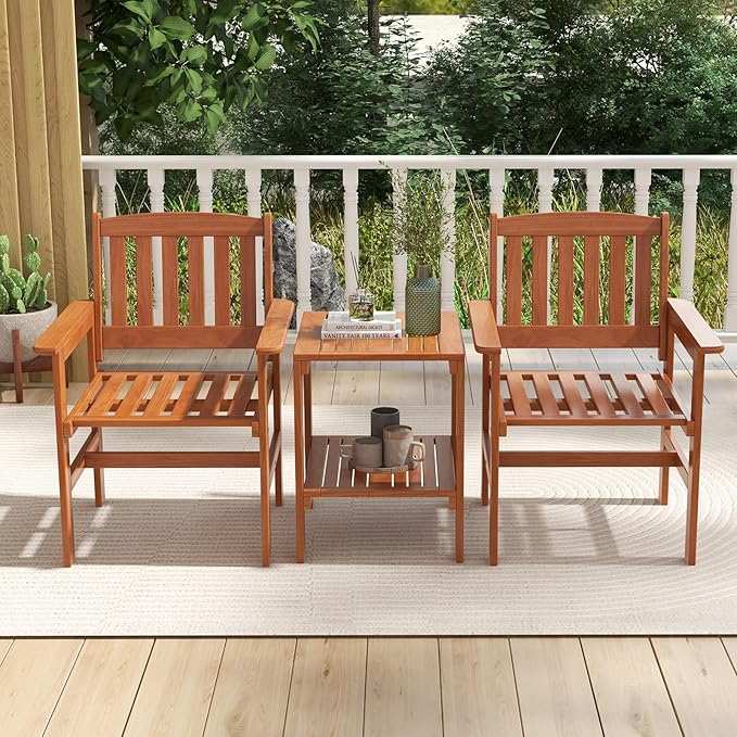 Tangkula 3 Piece Patio Conversation Set, Outdoor Wood Conversation Seat with Table and Umbrella Hole, Outdoor Furniture Set of 3 for Garden Poolside Backyard Balcony Porch