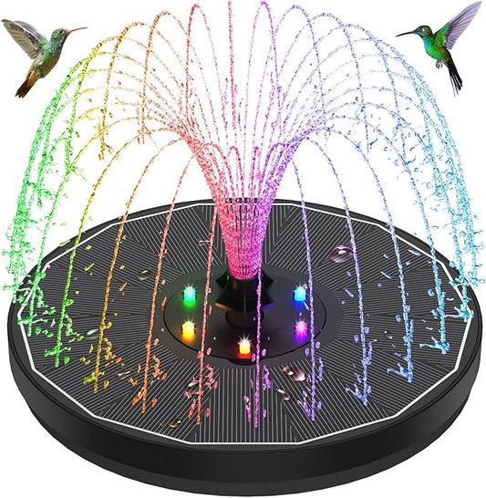 Solar Fountain New, 3.5W Solar Bird Bath Fountains with Glass Panel, 2200 Battery, Hummingbird Water Features with Color LED Lights, 8 Spray Modes & 4 Fixed Pipes for Garden, Pool, Pond