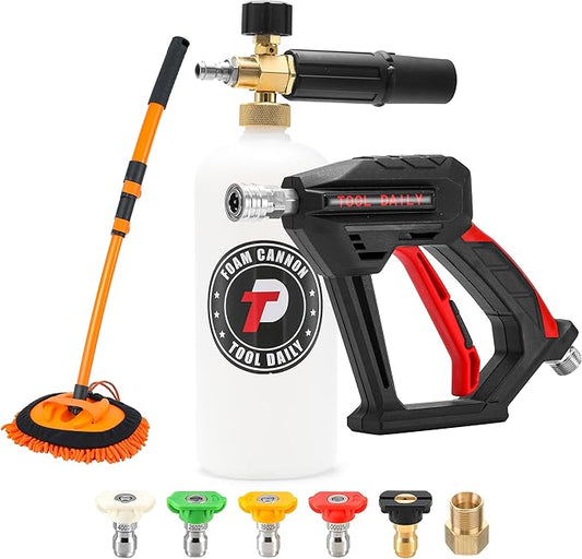 Tool Daily Short Pressure Washer Gun with Foam Cannon, 15° Curved Car Wash Brush with Long Handle, 5 Nozzle Tips, 1/4” Quick Connect by ToolDaily