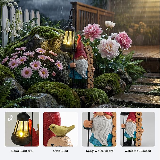 PETAFLOP Garden Gnome Statue Decor with Solar Light, Funny Gnomes Figurine for Yard Patio Balcony Home Indoor Outdoor, Mother's Day Birthday Housewarming Gifts for Mom Grandma
