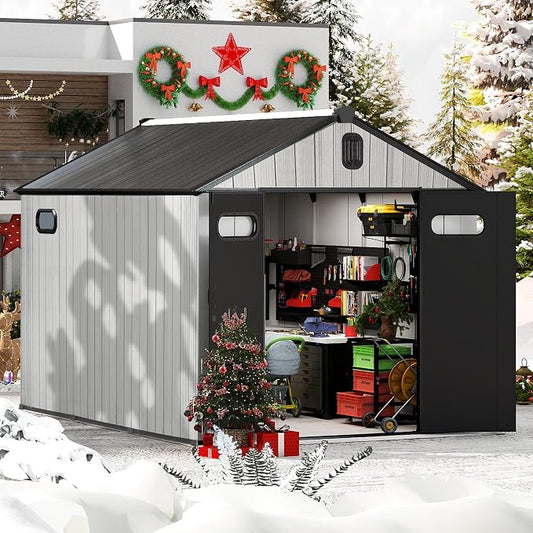 Domi 8x10 FT Outdoor Resin Storage Shed, All-Weather Double-Wall Garden Shed for Backyard, Lawn Tools, Bike, Mower & Pool Equipment with Lockable Doors, Ventilated Roof, Grey by domioutdoorliving