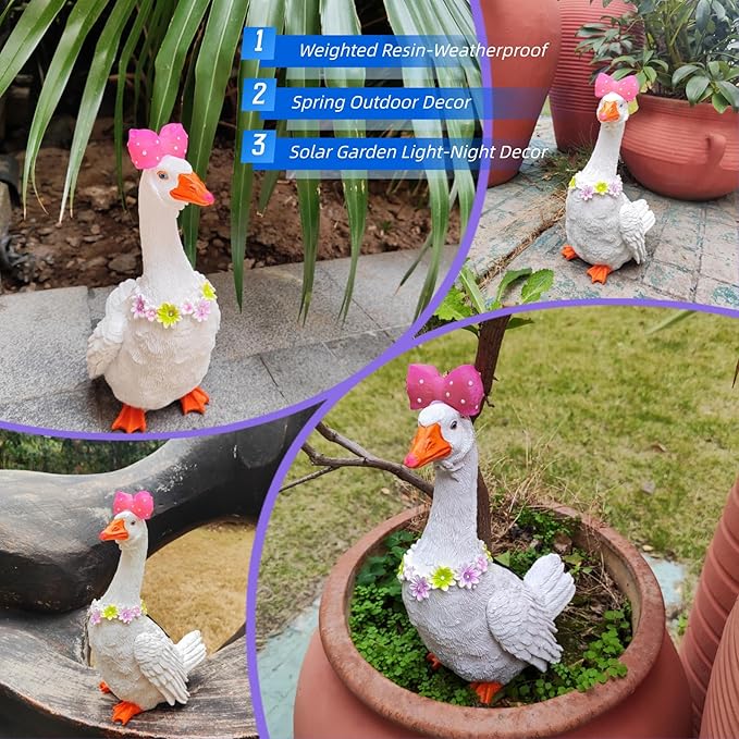 Solar Porch Goose Statue with Glowing Goose Outfits, 12 inch Resin White Goose Customizable Outdoor Garden Decor, Funny Duck Sculptures for Garden Stairs, Farm, Yard, Patio, Lawn, Easter Mom Gifts