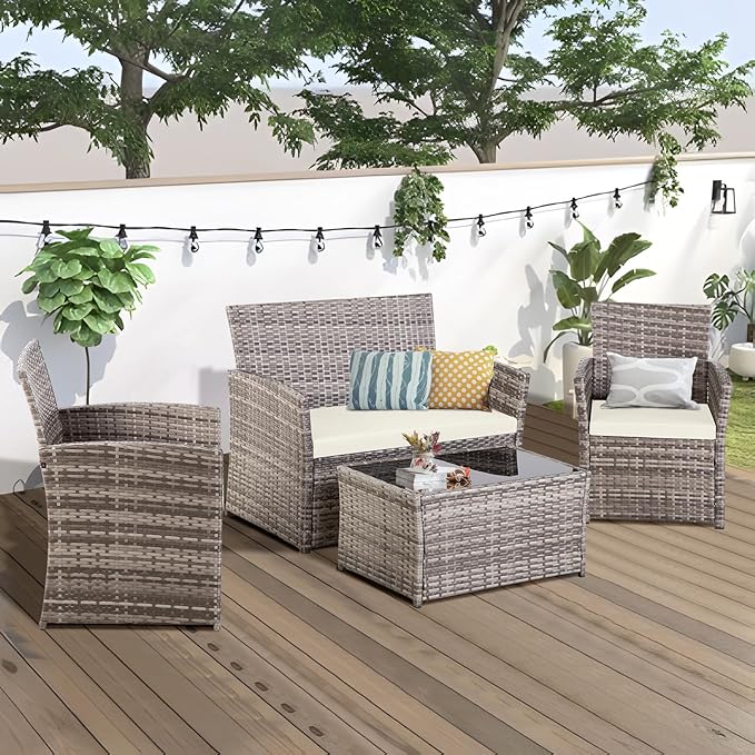 FHFO 4 Piece Outdoor Patio Furniture Set, Wicker Conversation Set, Rattan Table and Chairs and Loveseat with Cushions for Outside Balcony Porch Backyard (Gray-Beige)