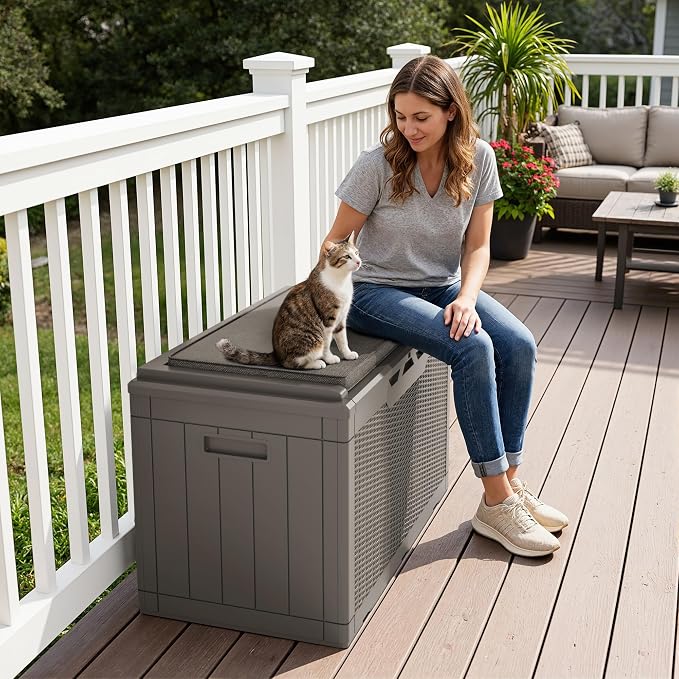 Greesum 100 Gallon Resin Deck Box Large Outdoor Storage Boxes with Cushions for Garden Tools, Patio Furniture Pillows, Pool Supplies, Light Coffee - Image 3
