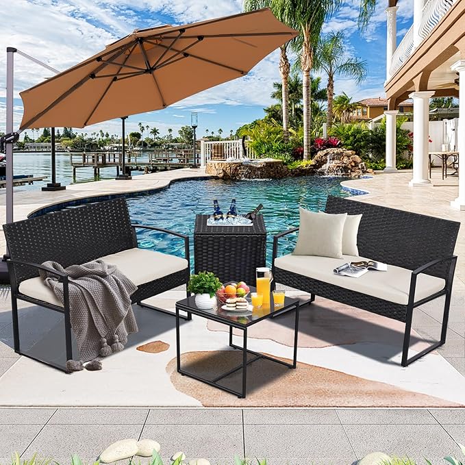 FHFO 4 Piece Outdoor Patio Furniture Set with Built-in Beverage Cooler Storage Box, Wicker Conversation Sets Patio Outdoor Loveseats & Coffee Table for Outside, Garden, Balcony, Porch, Black/Beige