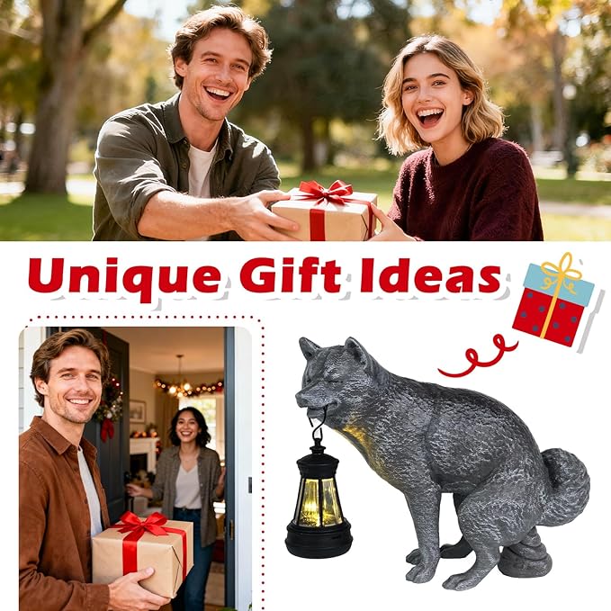 Discreet Wolf Garden Statue - The Loyal Guardian's Surprise Solar Lantern - Unique Dog Resin Figurine for Lawn Patio Yard - Funny Gag Gift for Gardeners - Birthday Gifts for Grandma Mom Women