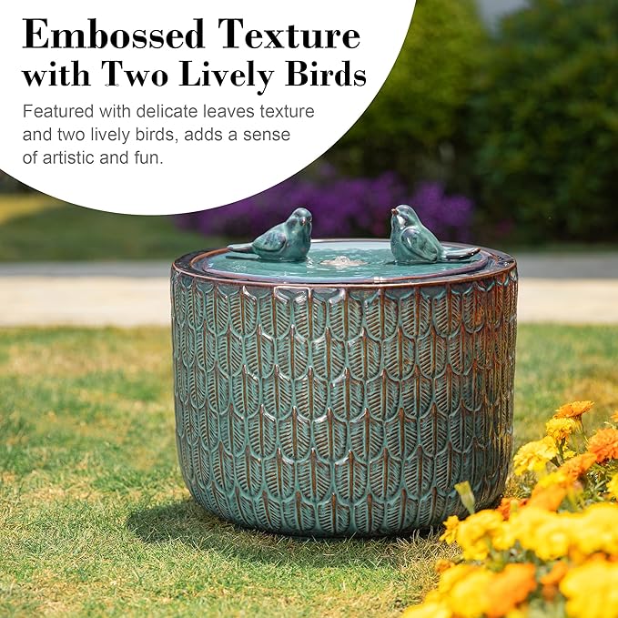 Glitzhome 14.75”H Outdoor Ceramic Water Fountain with LED Light and Pump, Embossed Leaf Pattern Floor Standing Bird Bath Fountain with Two Birds Decor for Patio Porch Deck Backyard, Turquoise