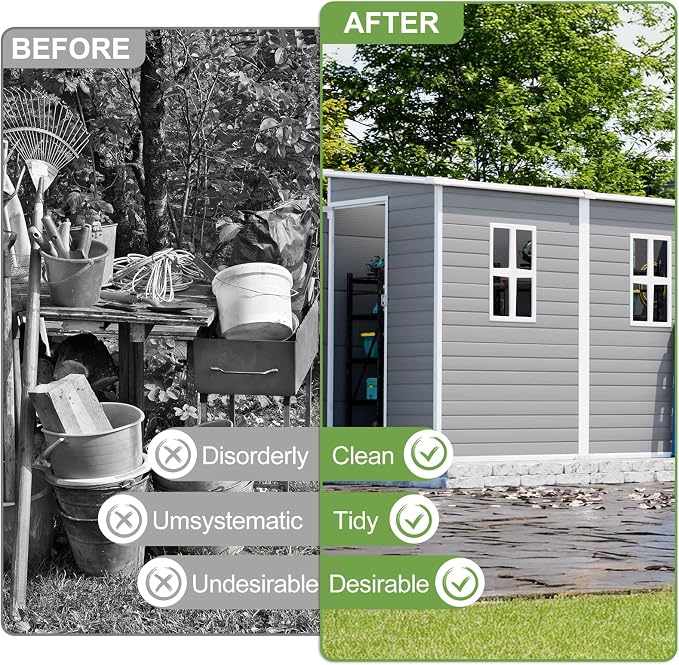 8x4x6 FT Resin Lean to Shed, Waterproof Outdoor Storage Shed with Floor, Window, Lockable Door & 2 Windows, Tool Shed for Patio Garden, Lawn, Backyard, Dove Grey - Image 8