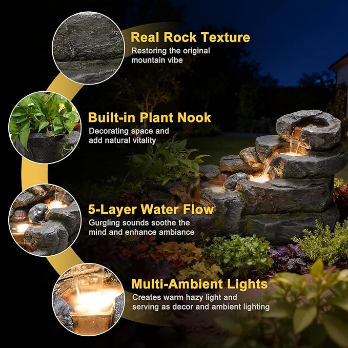 38.2" L Garden Outdoor Water Fountain 5 Tiers Floor Standing Rock Natural Waterfall Outdoor Fountains with LED Lights and Planting Pot for Patio, Porch,Backyard,Home Art Decor