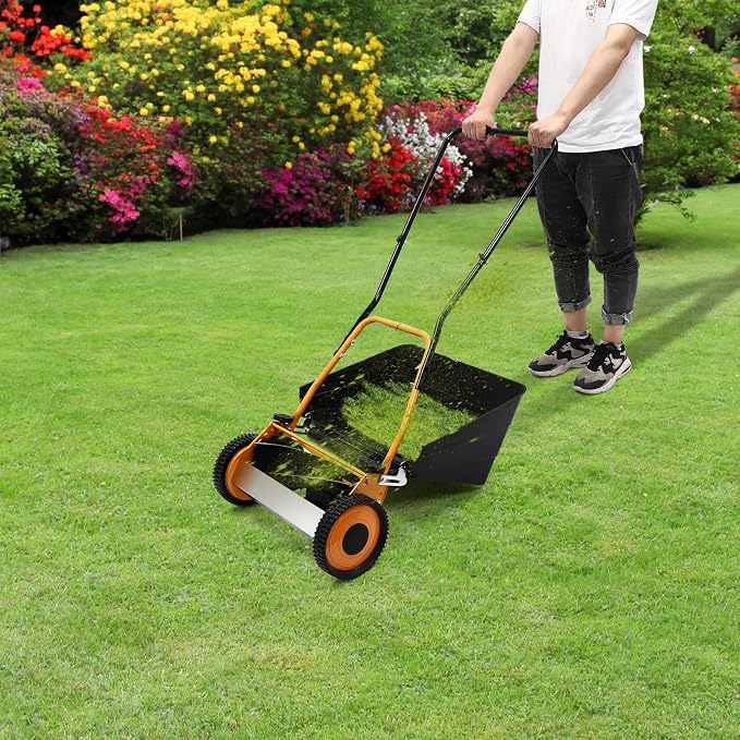 14" Hand Push Lawn Mower, 2-in-1 Portable Push Lawn Mower with Four 5-Edged Blades, Height Adjustable for Yard and Farm, Orange and Black (14") - Image 9