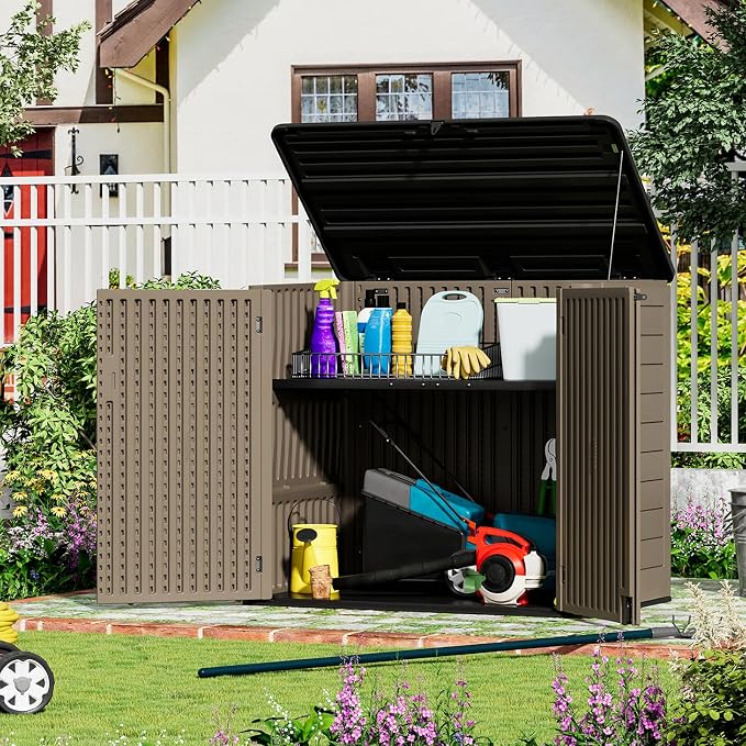 ZZM Large Outdoor Storage Shed, 48 Cu Ft Resin Versatile Storage Cabinet for Patio Accessories, Trash Cans & Garden Tools, Durable Horizontal Storage Box with Lockable Lid (Coffee) - Image 2