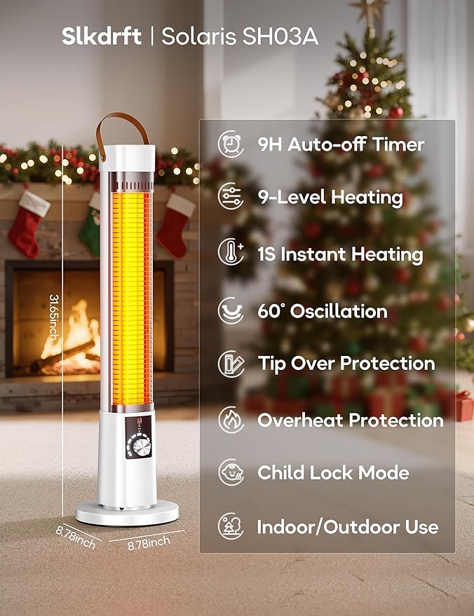Outdoor Heater for Patio, 1500W Electric Infrared Heaters for Porch Garage Indoor Use, 9H Timer, 60° Oscillation & 9 Heat Level, Tip-Over/Overheating Protection, Safety Lock, Super Quiet, IPX5, White