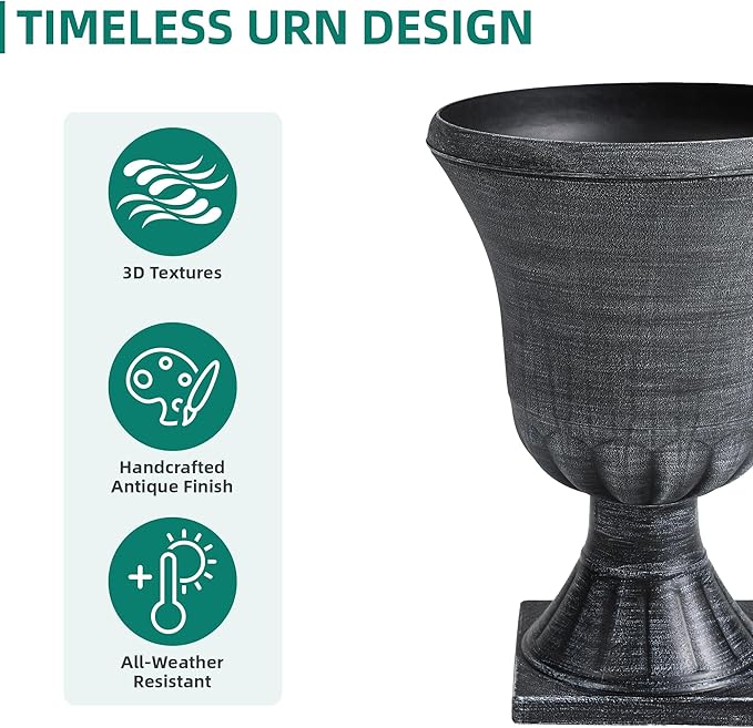 22" Tall Plastic Urn Planters Set of 2, 3D Textured Washed Black Finish Pedestal Plant Pots, Weather-Resistant Large Flower Pots for Front Porch, Patio, Garden & Indoor Use