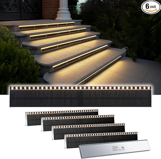 Solar Step Lights for Outside, 33 Focused-Beam High-Brightness LEDs, Waterproof Aluminum Outdoor Stair Light for Risers, Curbsides, Poolsides, Planter Edges (Warm White, 6Pack)