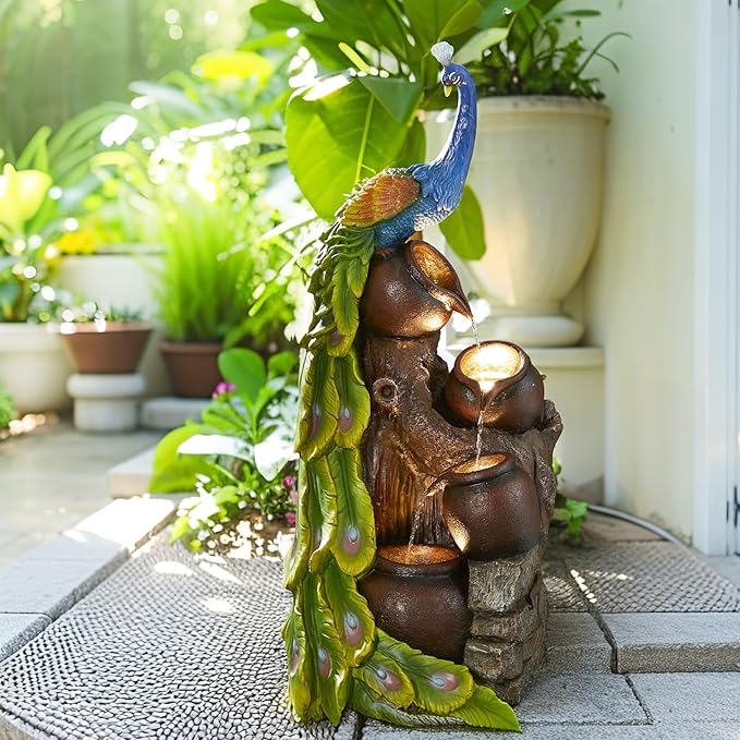 Glitzhome 4-Tier Peacock and Jars Outdoor Water Fountain with LED Light, 40”H Oversized Resin Peacock Sculpture Waterfall Fountain with Submersible Pump for Garden Patio Porch