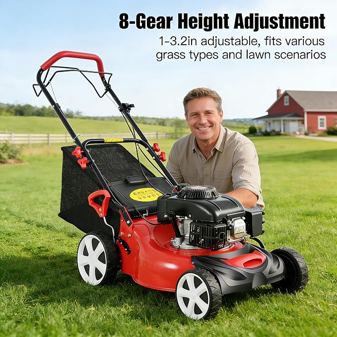 Self-Propelled Gas Lawn Mower, 140CC 5HP 4-Stroke OHV Engine, 20in Cutting Width 8 Adjustable Heights (1-3.2in), 15.9Gal Grass Bag for Yard Garden Lawn Maintenance - Image 5