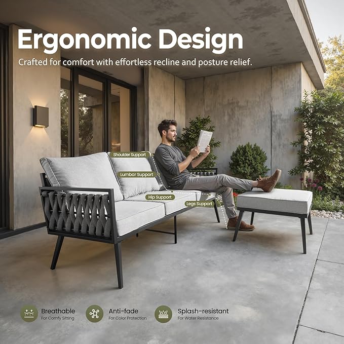 Outdoor Patio Furniture Set, 6-Piece Metal Conversation Furniture Sofa with Coffee Table, All Weather Patio Couch Sofa with Thick Cushions for Balcony Backyard,Light Grey