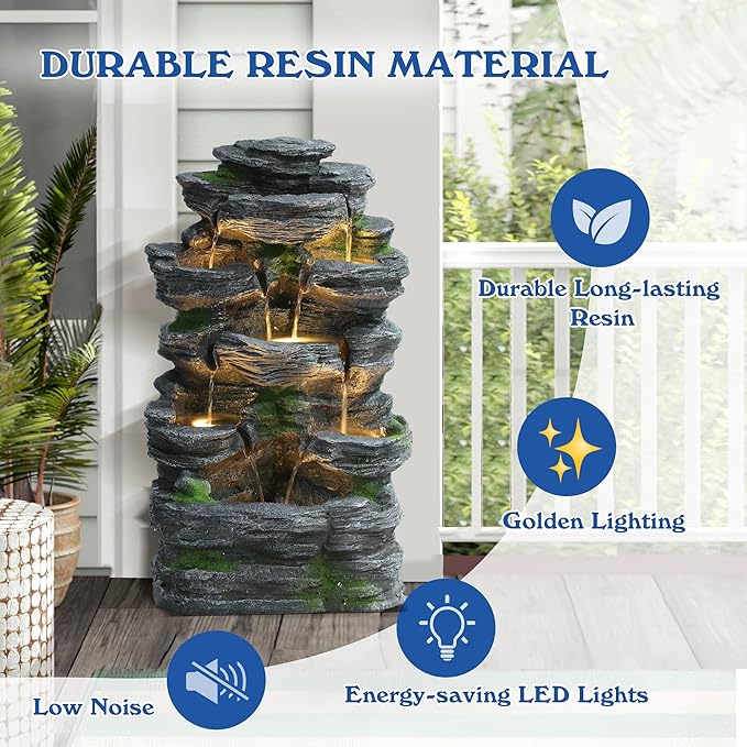 7-Tiers Garden Waterfall Fountain Outdoor - Water Fountains and Waterfalls, Outdoor/Indoor Floor Style Resin Fountain with LED Light for Patio, Garden and Backyard, Deck, Porch, Home