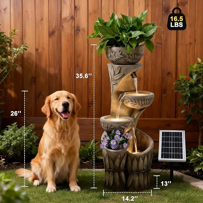 35.6" Solar Outdoor Water Fountain - Relief Leaf Design 4 Tiers Modern Cascading Bowls and Garden Fountains with Lights for Patio, Deck, Porch, Lawns, Backyard and Home Art Decor