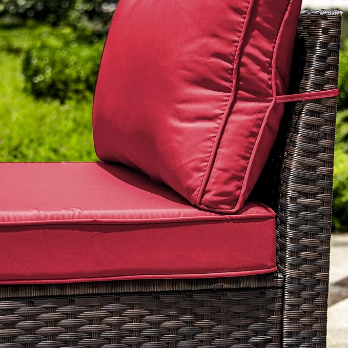 9 Pieces Outdoor Patio Furniture Set,Outdoor Sectional Furniture All Weather PE Rattan Wicker Patio Conversation Set with Coffee Table and 8 Thickened Cushions,Red