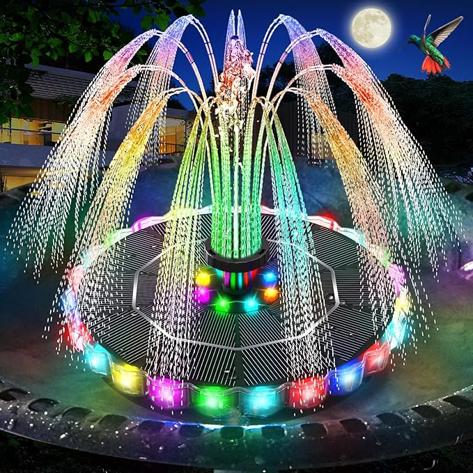 Solar Fountain, 2026 Upgrade 3.5W Solar Bird Bath Fountains with Colorful Ring LED Lights, 2000mAh Battery, 7 Nozzles and 4 Fixers, Solar Water Fountain Pump for Pond, Pool, Patio and Garden