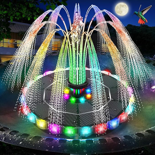 Solar Fountain, 2026 Upgrade 3.5W Solar Bird Bath Fountains with Colorful Ring LED Lights, 2000mAh Battery, 7 Nozzles and 4 Fixers, Solar Water Fountain Pump for Pond, Pool, Patio and Garden