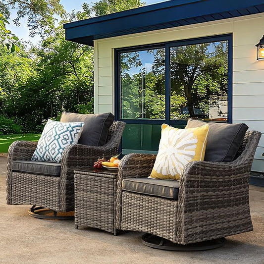 MEISSALIVVE 3 Pieces Patio Furniture Set, Outdoor Swivel Rocker with Washable Cushions & Tempered Glass Tabletop, Outdoor Rattan Conversation Set for Lawn Backyard Porch (Grey)