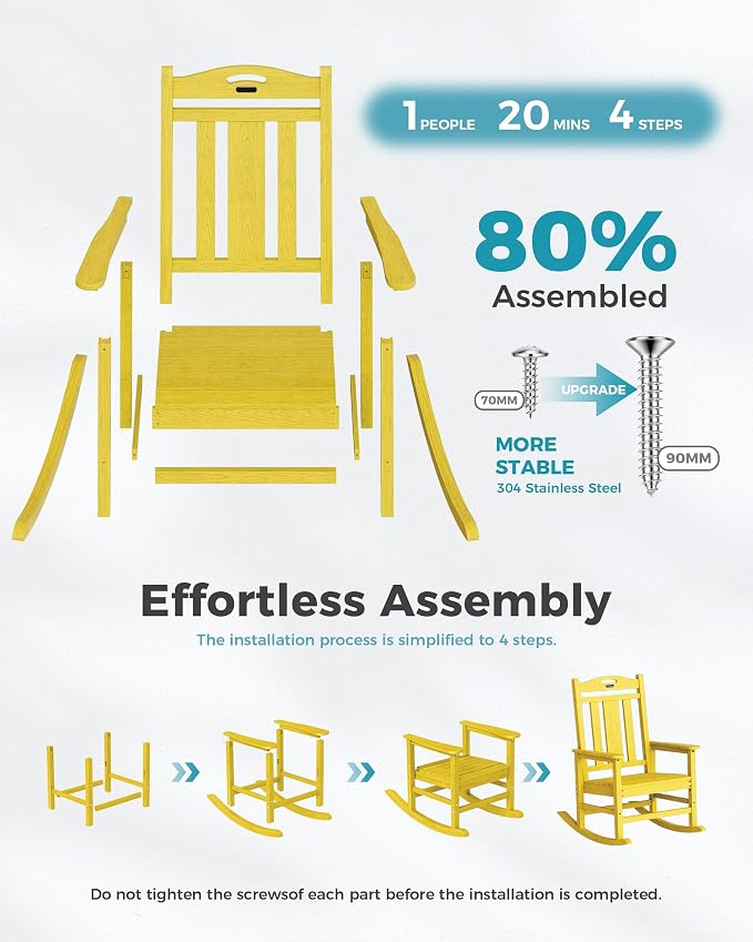 Ciokea Oversized Outdoor Rocking Chair, 380lbs Heavy-Duty Large Patio Rocker, Weather Resistant & Anti-Fade Porch Chair, High Back Cozy Rocking Chair for Outside, Fire Pit, Deck, Garden, Citron Yellow - Image 9