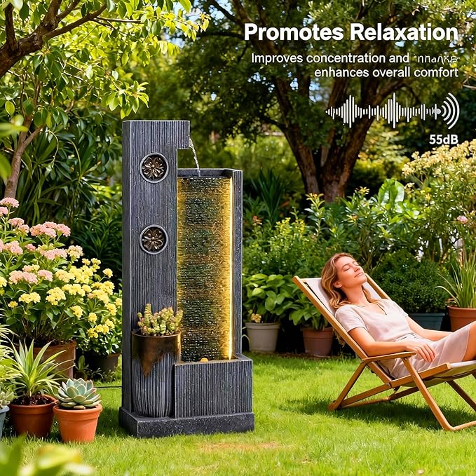 37" H Modern Indoor Water Fountains - Rectangular Outdoor Waterfall Fountain with LED Lights and Pump and Sculpted Flowers for Office, Living Room, Bedroom, Garden and Home Art Decor